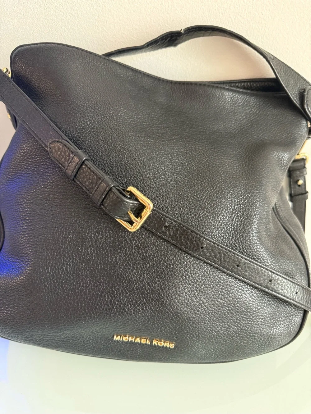 Michael Kors Black Pebbled Leather Hobo Shoulder Bag with Gold Hardware